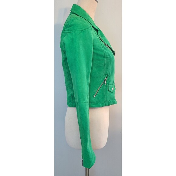 H&M Divided Faux Suede Burnout Velvet Green Zipper Moto Jacket Lined Womens 6 - Picture 4 of 13
